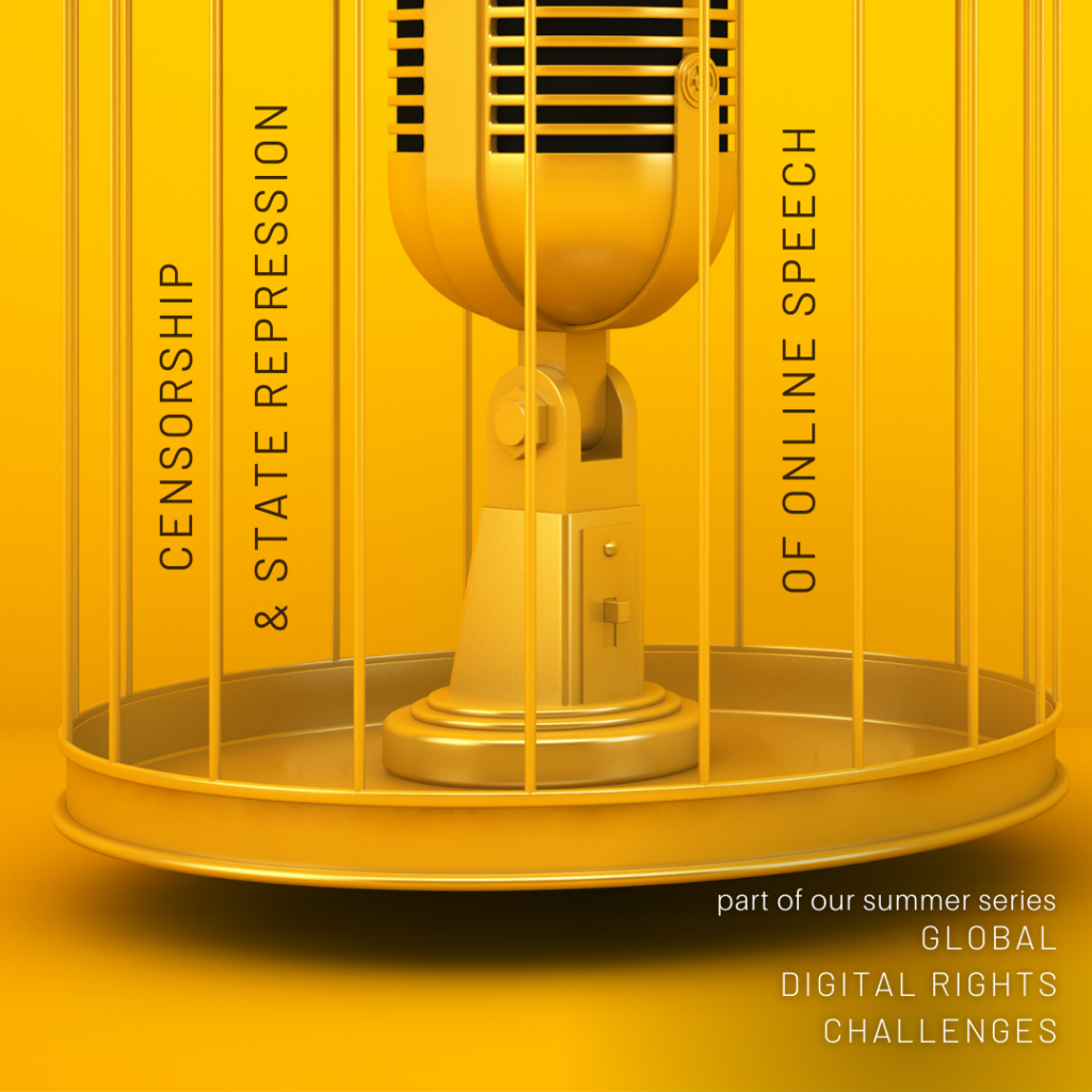 A Microphone in a Birdcage, with text "Censorship and state repression of online speech." Part of our series "Global Digital Rights Challenges"