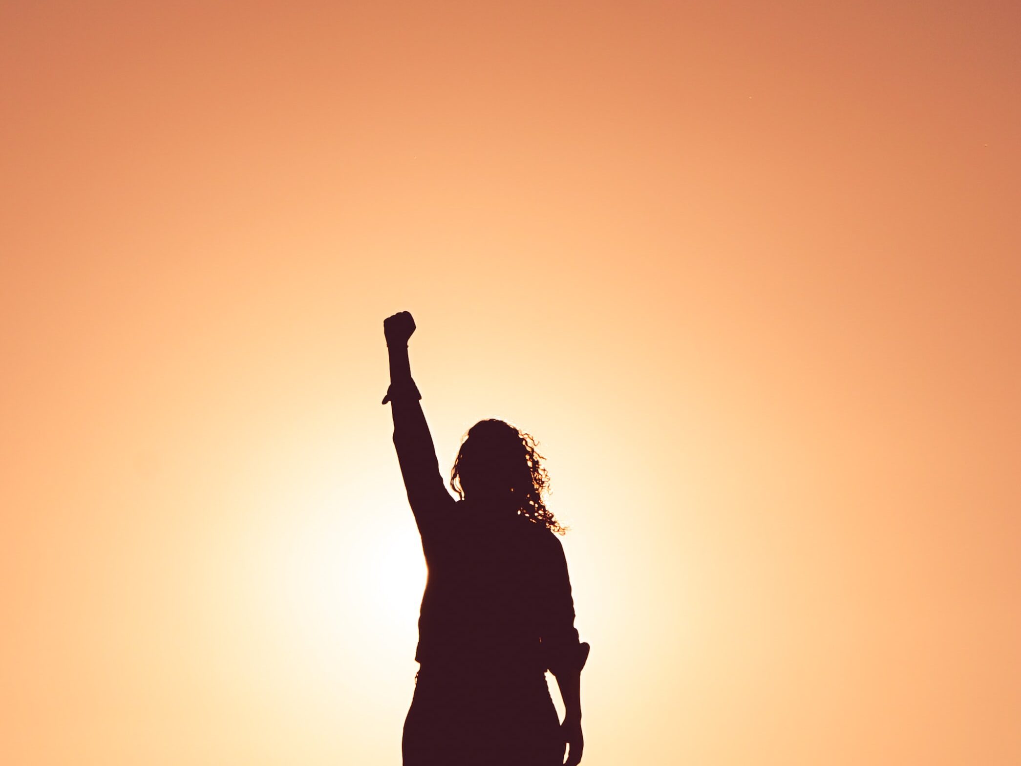 A person stands against the sun with their fist in the air