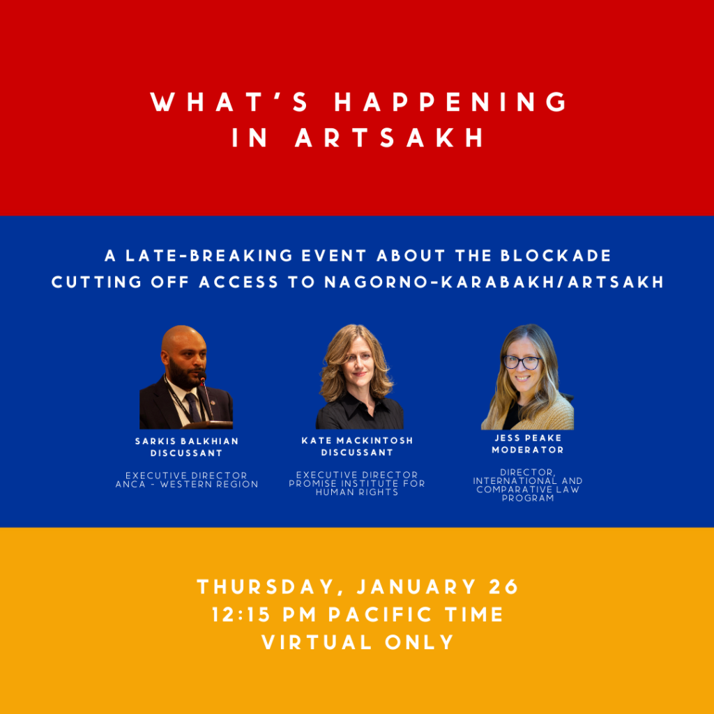 Armenian flag, What's Happening in Artsakh, Event title, day, time and speaker headshots and positions